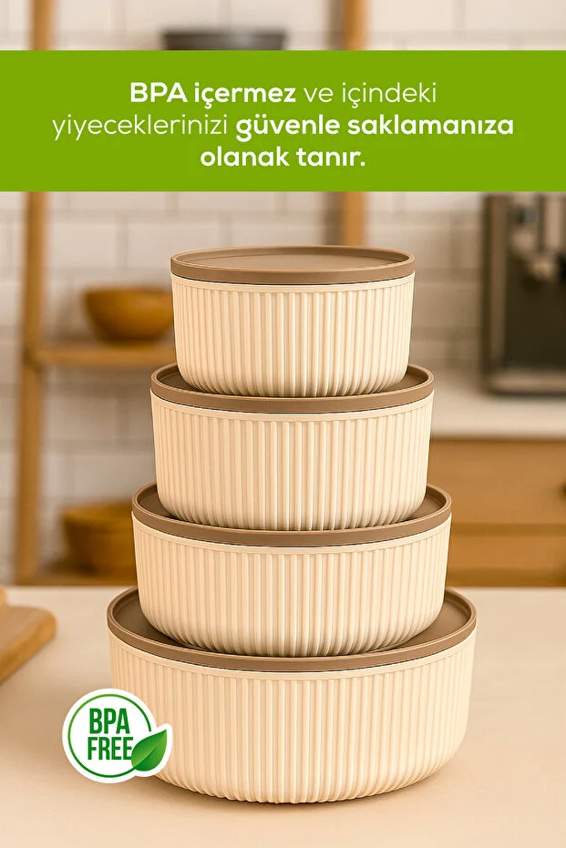 4'lü Yuvarlak Saklama Kabı Seti Çizgili Bej | 2.5l 1.5l 0.80l 0.45l | Mikrodalga Ve Dondurucu Uyumlu